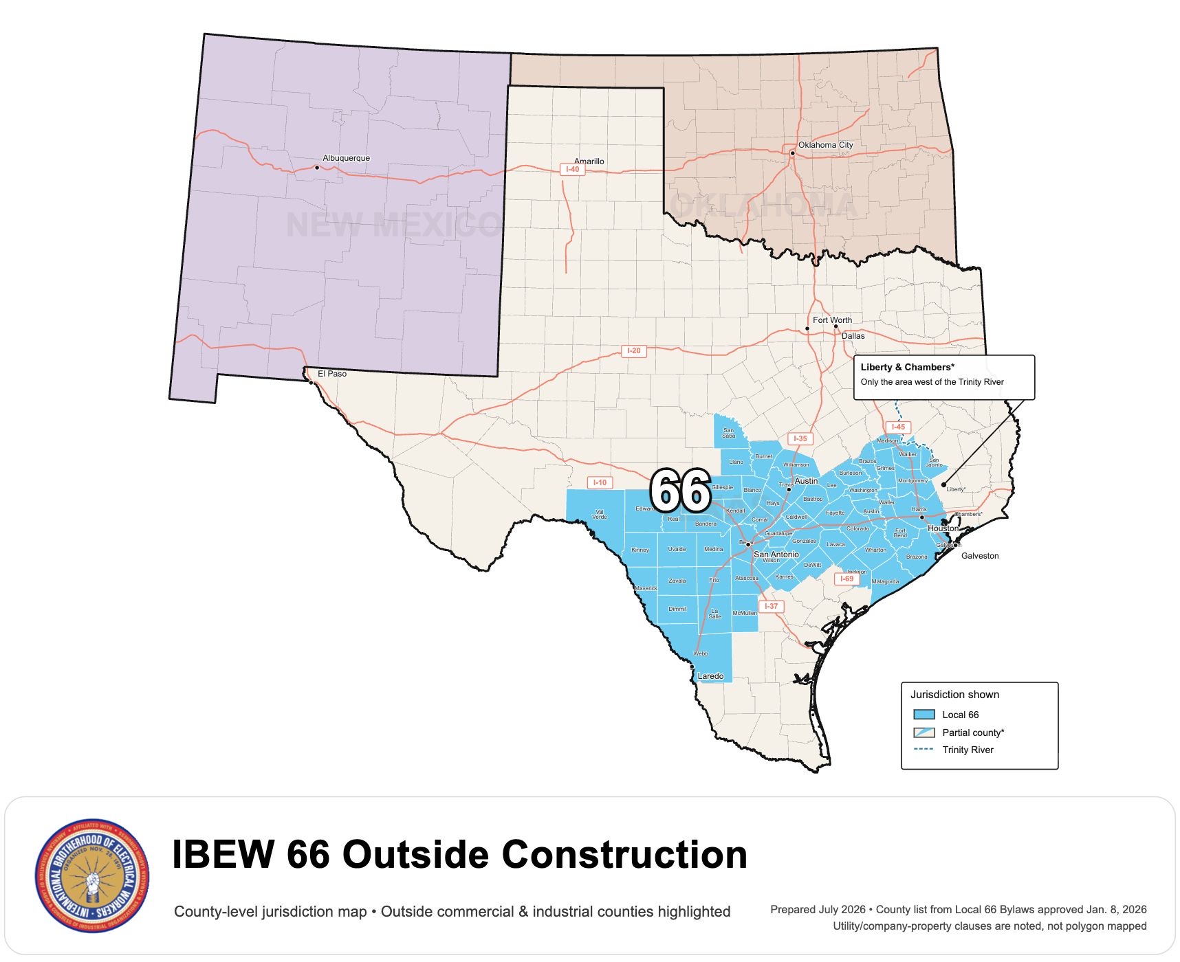 IBEW Local 66 outside construction jurisdiction map showing full counties and the western portions of Chambers and Liberty Counties