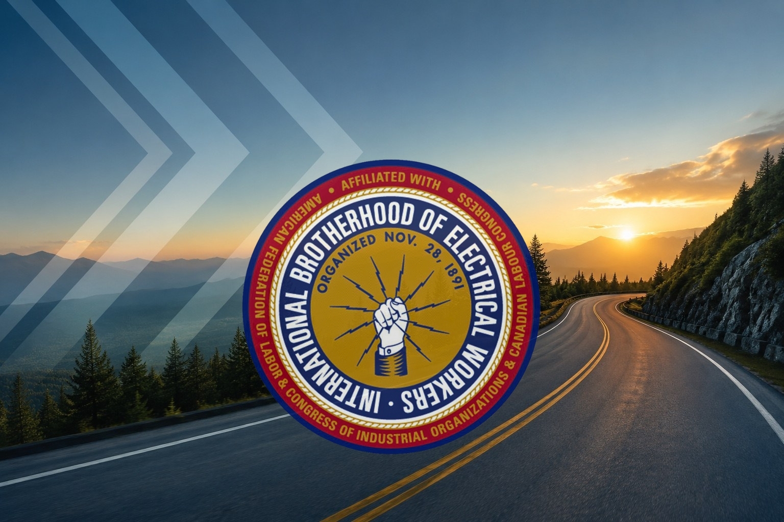 IBEW seal over a mountain road at sunrise representing member travel